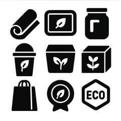 Sustainable Packaging Icons. Solid style icons of sustainable packaging: paper wrap, compostable tray, glass jar, biodegradable