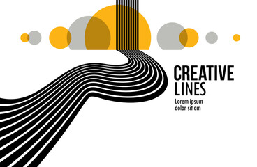 Future lines in 3D perspective vector abstract background, black and yellow linear composition, road to horizon and sky concept, optical illusion op art.
