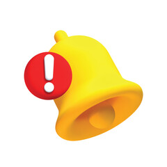 Realistic 3d notification yellow bell icon. 3d vector render ringing bell with notification. Vector illustration