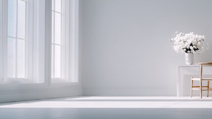 Bright Room Interior White Walls Large Windows Wooden Chair White Flowers