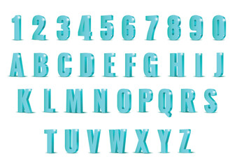 3d light blue symbols alphabet. shiny letters in style sanserif font. Vector illustration