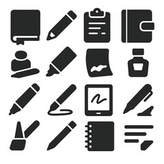 Writing Tools Icons. Solid style icons of writing tools: study journal icon, exam pencil, clipboard with notes, leather-bound