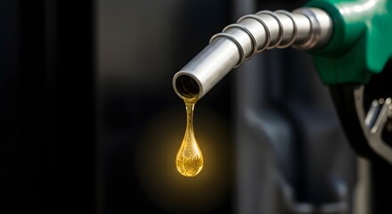 Fuel Nozzle with Golden Gasoline Drop Closeup Against Dark Backdrop. Social Issue Oil Price Going Higher Concept