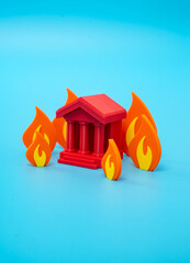 Burning bank building. Government building on fire. Financial or political crisis. Institutional collapse, social unrest, systemic instability. Public distrust, economic turmoil, geopolitical tensions