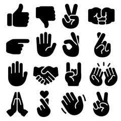 Hand Gesture Icons. Solid style icons of hand gestures: thumbs up, thumbs down, peace sign, fist bump, pointing index finger,