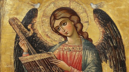 Obraz premium Religious icon depicting an angel holding a cross with a halo.