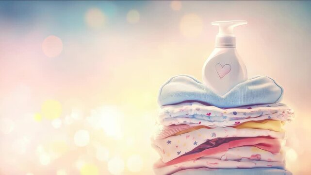 A heart made of white clothes and a bottle of geda baby underwear. Washing children's clothing, washing for children's clothing.