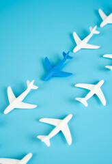 Planes fly on routes. Blue plane. Flights and discounts. Depicts airline route stability, travel planning, or budget tourism. Discount offers, promotional campaigns