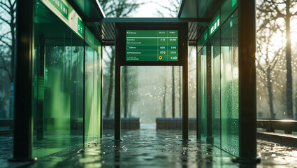A contemporary bus stop during a rainy day with a digital display reflecting the weather and the transportation schedule
