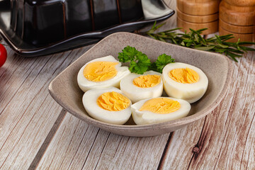 Boiled chicken eggs with bright yolk
