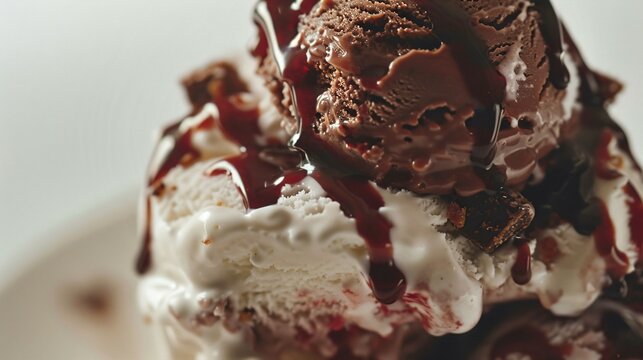 Mouthwatering ice cream sundae with rich textures and vibrant colors, slightly melting,on a clean white background,colorful toppings,ultra-realistic appearance perfect for commercial and marketing use