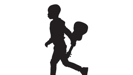 Silhouette of Child Walking with Guitar on White Background