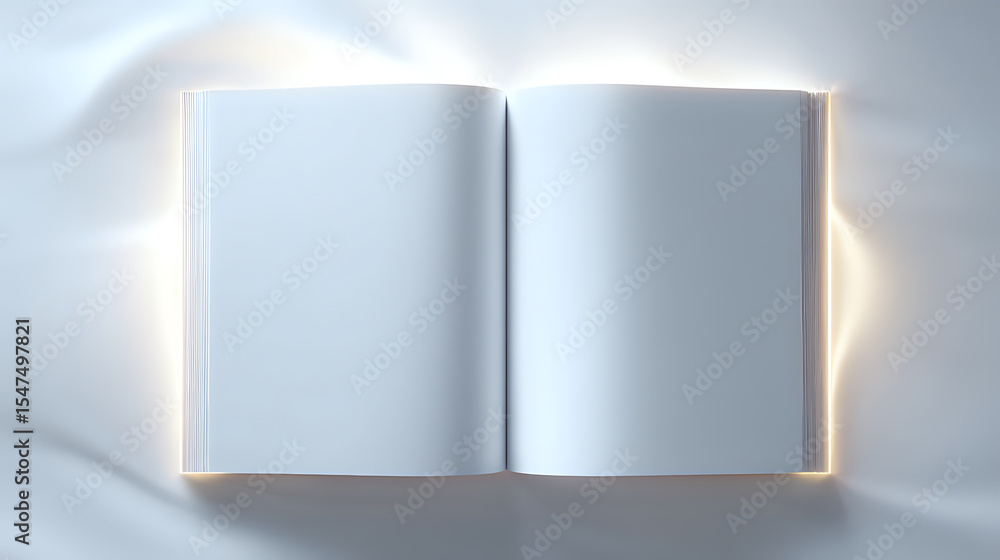 Poster open blank book with empty white pages illuminated by soft glowing light and casting gentle shadows,