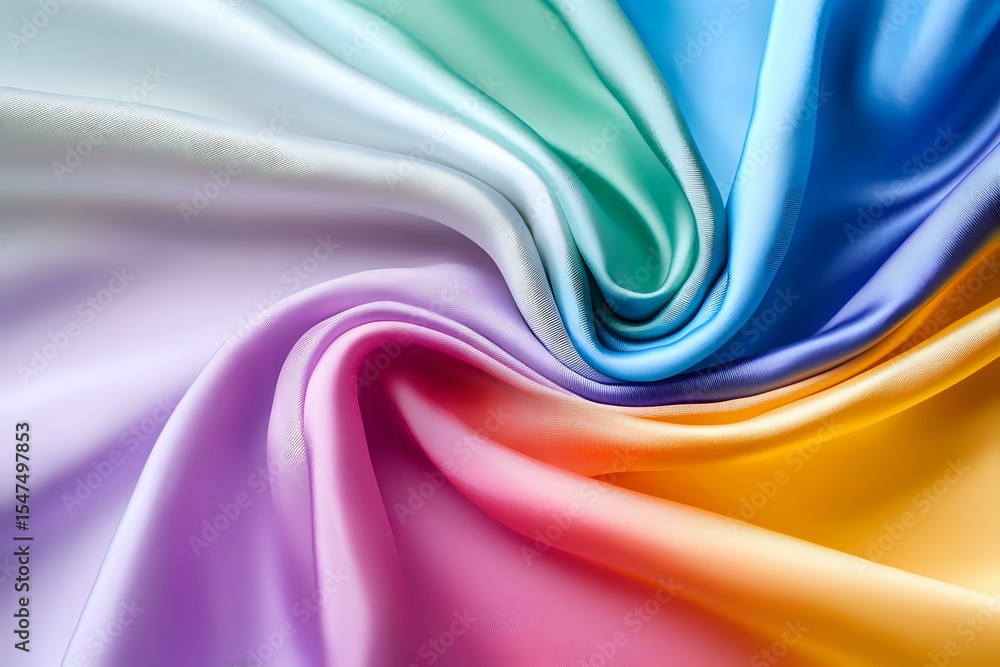 Poster smooth colorful silk fabric with rainbow gradient waves and folds creating elegant flowing texture. 