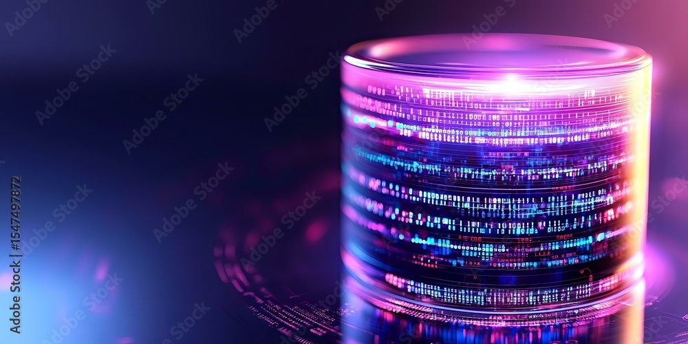 Poster glowing digital data cylinder with binary code in purple and blue neon lights against dark backgroun