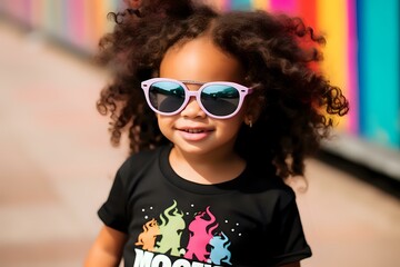 Young African American girl with natural curly hair wearing white sunglasses and black graphic t-shirt smiling against colorful rainbow striped background.