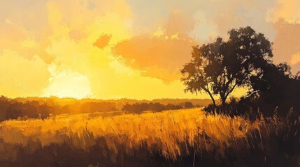 Fototapeta premium Golden field with tree silhouette against a bright sun and cloudy sky.