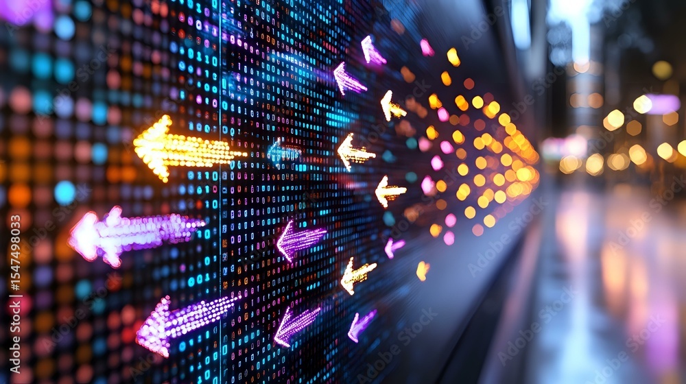 Poster glowing digital arrows on led display panel with colorful bokeh lights creating dynamic movement eff
