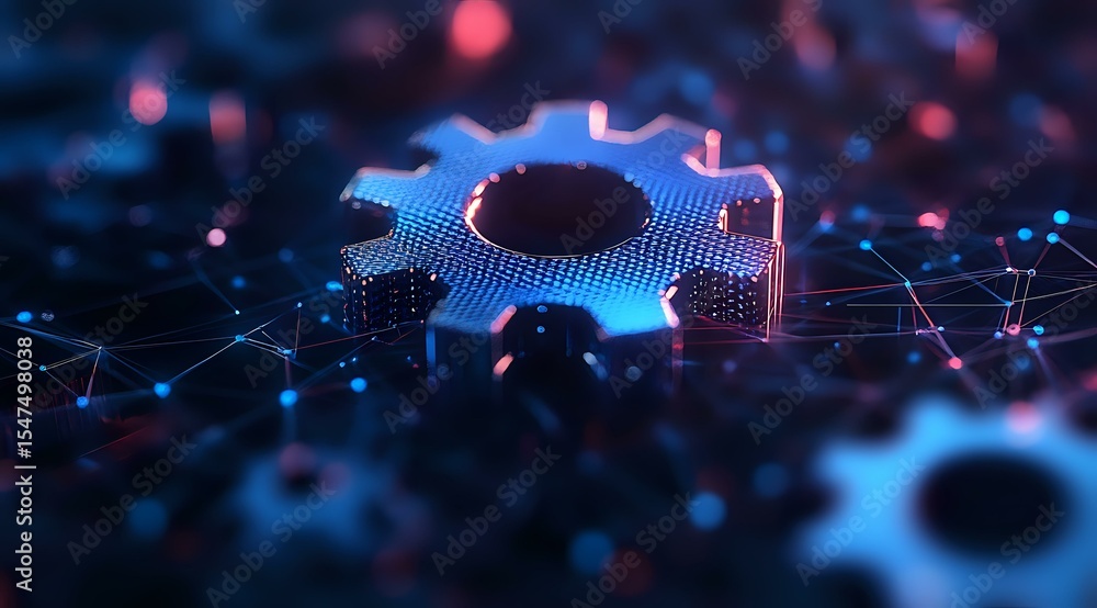 Poster glowing blue gear symbol on dark background with connected network lines and bokeh effects represent