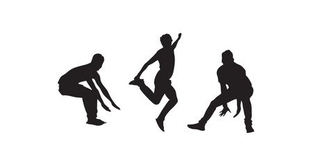 Silhouette of Three Boys Jumping and Squatting in Motion on White Background
