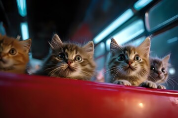 Curious fluffy kittens peeking over red car door with bright eyes against blurred neon lights background, creating playful and whimsical urban nighttime scene.