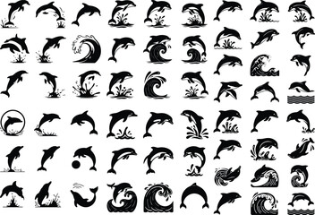 Jumping Dolphin Vector Silhouette – Marine Animal Icons Collection Dolphin Jumping Silhouette Set – Ocean Wildlife Icon Pack