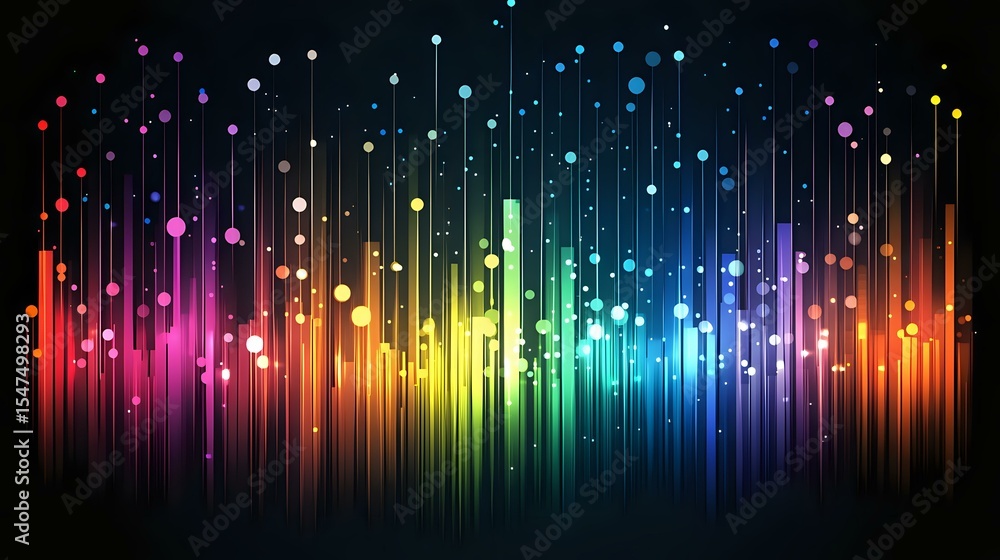 Poster vibrant rainbow colored vertical light lines with glowing dots on black background create dynamic eq