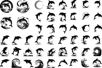 Jumping Dolphin Vector Silhouette – Marine Animal Icons Collection Dolphin Jumping Silhouette Set – Ocean Wildlife Icon Pack
