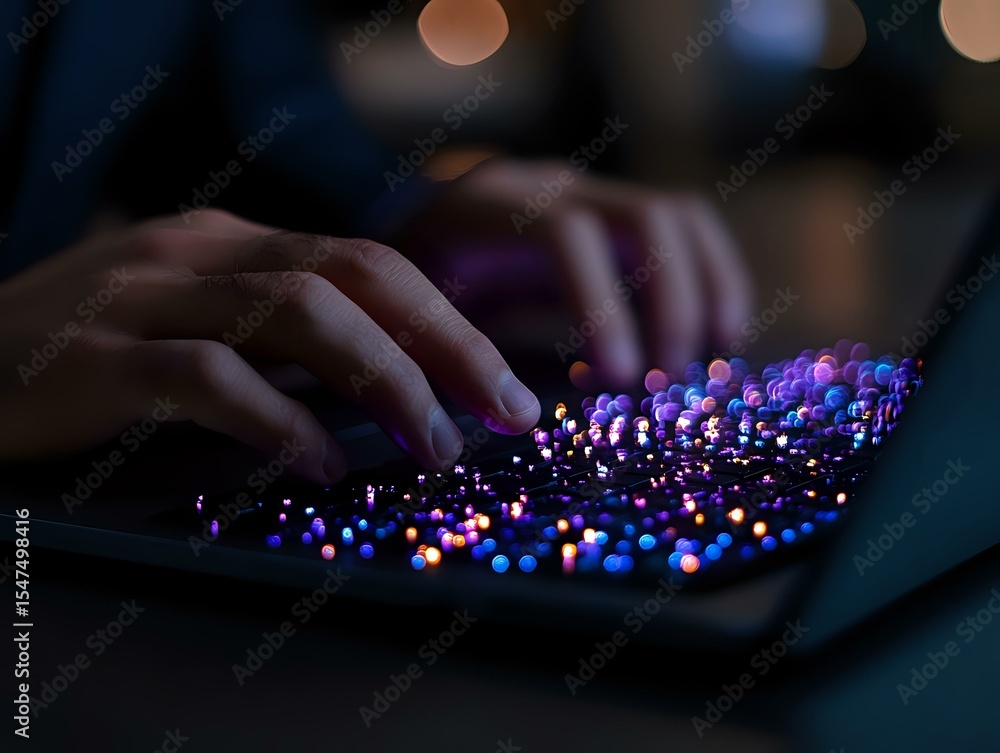 Poster hands typing on illuminated keyboard with vibrant purple and blue backlit keys creating magical glow