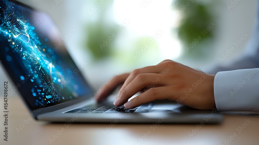 Poster professional hands typing on laptop keyboard with glowing blue digital particles effect, modern work