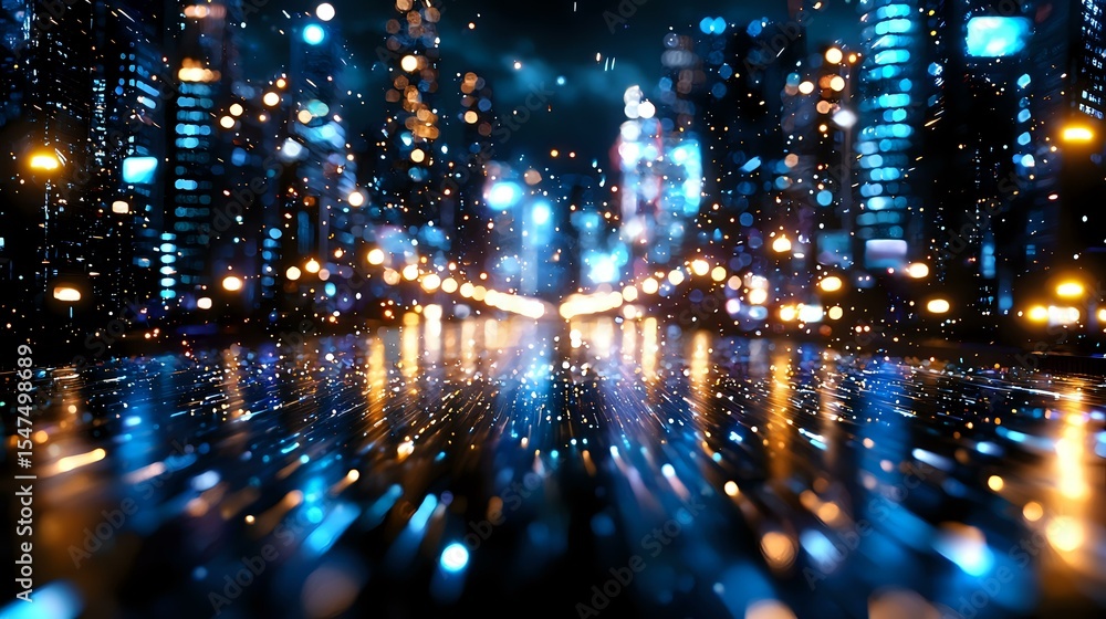 Poster abstract urban night cityscape with glowing lights and bokeh effect creating dynamic motion blur per