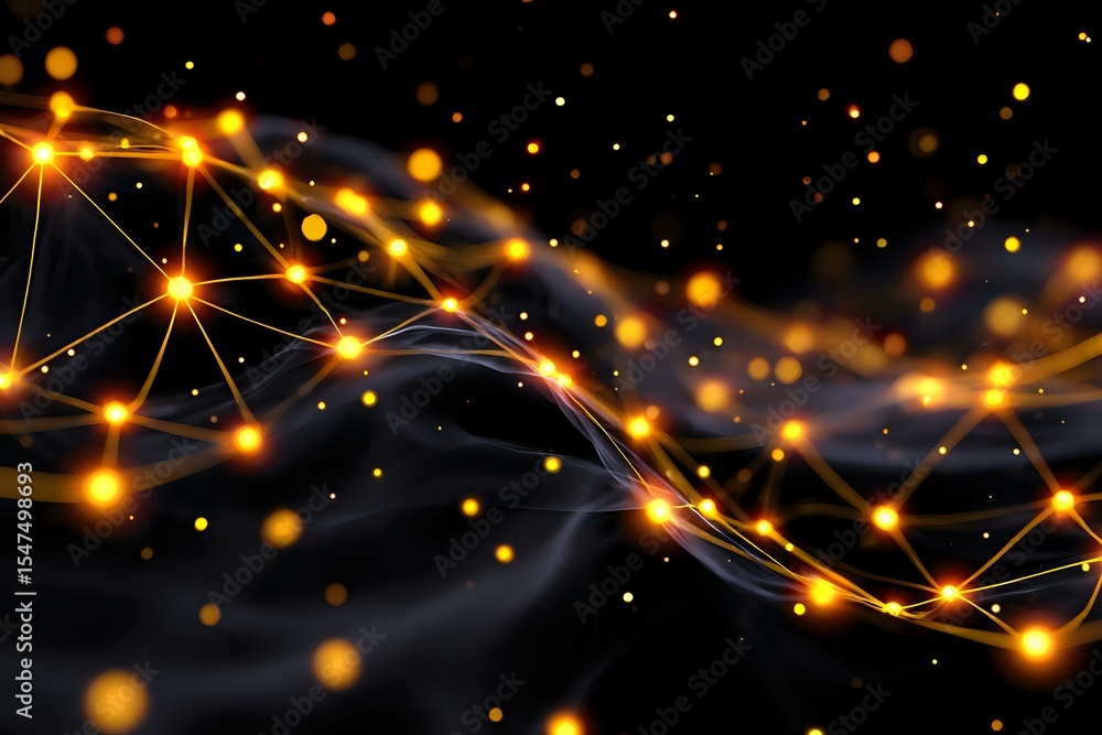 Poster glowing orange network connections with bright nodes and flowing waves on dark background, abstract 