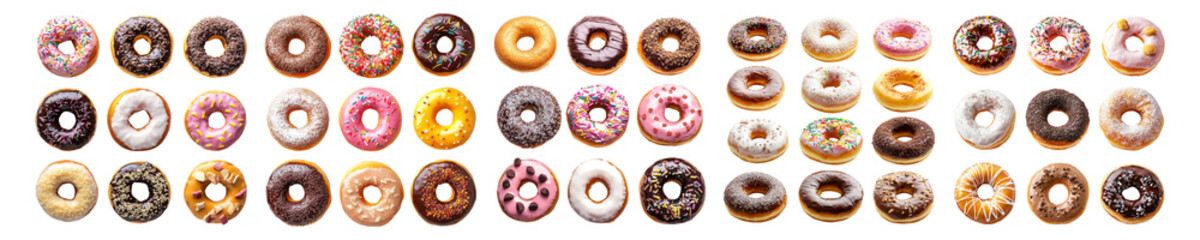 Colorful Assortment of Delicious Donuts on a Bright Background, Isolated on Transparent, white background