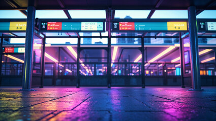 A neon illuminated urban subway station interior with glowing signs and futuristic cyberpunk style ambiance at dusk