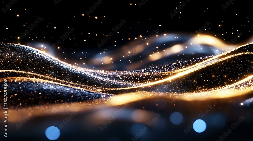 Poster abstract flowing waves of golden and white light with sparkling particles against dark background cr