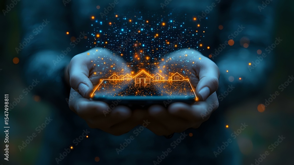 Poster magical glowing house emerging from cupped hands with floating light particles against dark backgrou