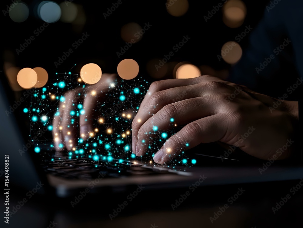 Poster hands typing on laptop keyboard with glowing turquoise digital particles and bokeh lights emerging, 