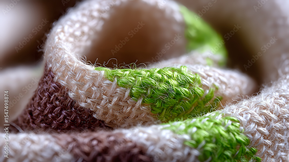 Poster macro view of natural linen fabric texture with brown and green stripes pattern. close up of woven t