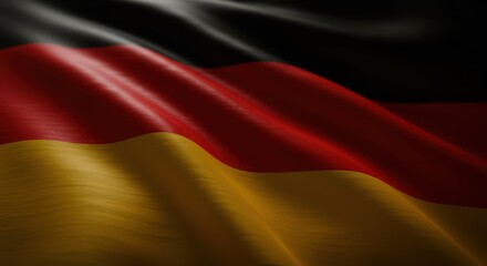 Close-up of the German flag in motion, red, yellow and black stripes waving in natural wind, fine textile detail, cinematic lighting and shallow depth of field.