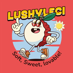 Funny Lychee fruit 70s retro comic cartoon character illustration