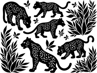 Tiger Vector Stylized Leopard Silhouettes with Foliage Design 