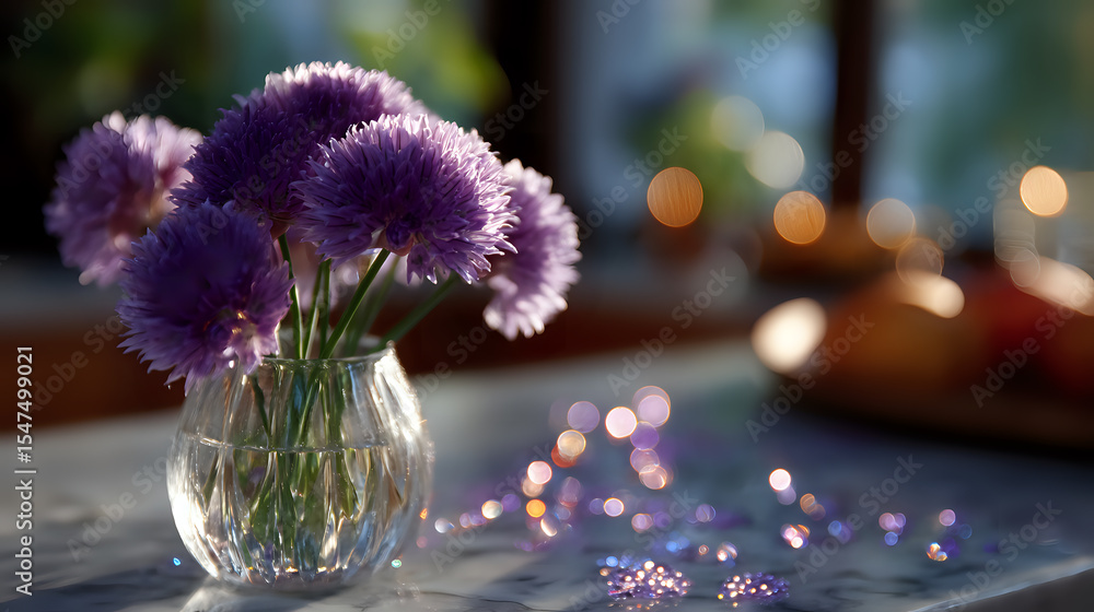 Poster purple carnations in round glass vase on table with soft bokeh lights in background creating romanti