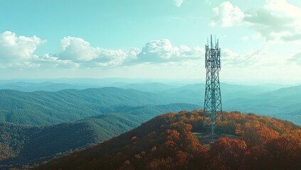 Scenic Mountain Landscape with Telecommunication Tower and Autumn Foliage