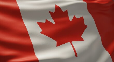 Close-up shot of the national flag of Canada, waving in the wind, detailed fabric texture, sunlight softly reflecting on the folds, cinematic lighting, shallow depth of field, realistic wind movement,