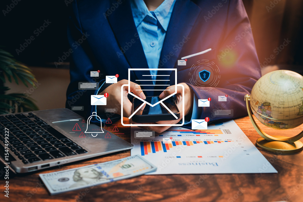 Poster business professional managing digital communications and data analysis with technology and finance 