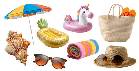 Set of beach pool accessory essential gear must haves, rattan bag hat, parasol umbrella, flip flops, towel, inflatable water airbeds, sunglass, seashell, transparent cutout PNG. Many different mockup	