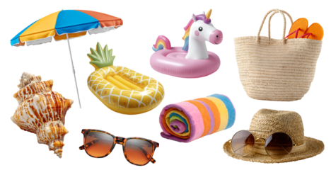 Set of beach pool accessory essential gear must haves, rattan bag hat, parasol umbrella, flip flops, towel, inflatable water airbeds, sunglass, seashell, transparent cutout PNG. Many different mockup	
