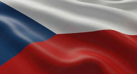 Naklejka premium Close-up shot of the national flag of Czech Republic, waving in the wind, detailed fabric texture, sunlight softly reflecting on the folds, cinematic lighting, shallow depth of field, realistic wind m