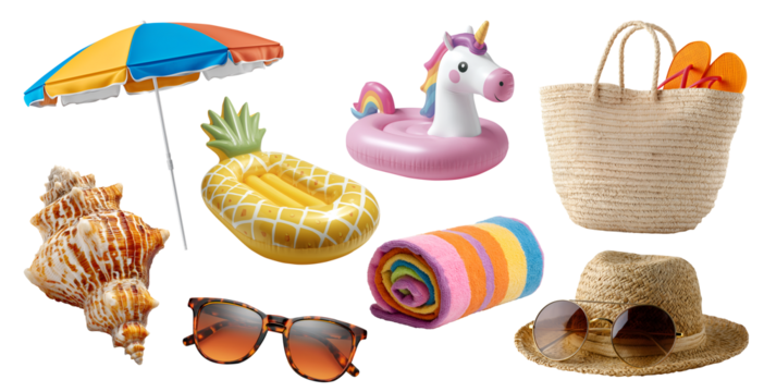 Set of beach pool accessory essential gear must haves, rattan bag hat, parasol umbrella, flip flops, towel, inflatable water airbeds, sunglass, seashell, transparent cutout PNG. Many different mockup	