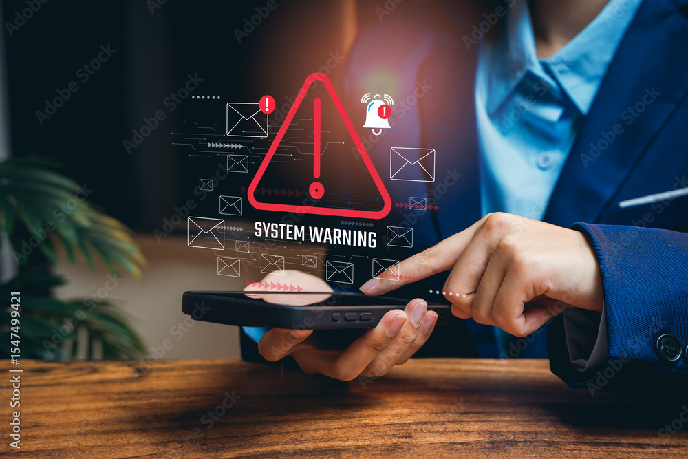 Poster system warning alert on mobile device with notification icons and data elements in modern office set